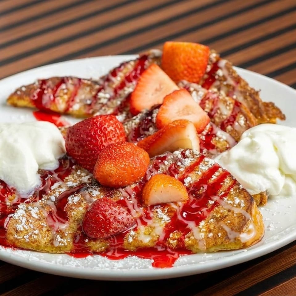 Waffle topped with strawberries, powdered sugar, berry sauce, and whipped cream on a white plate.
