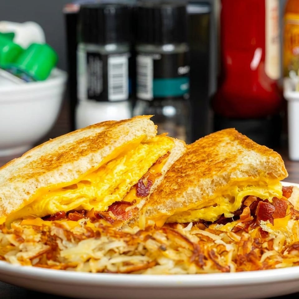 Grilled bacon, egg, and cheese sandwich halves served with crispy hash browns on a white plate.
