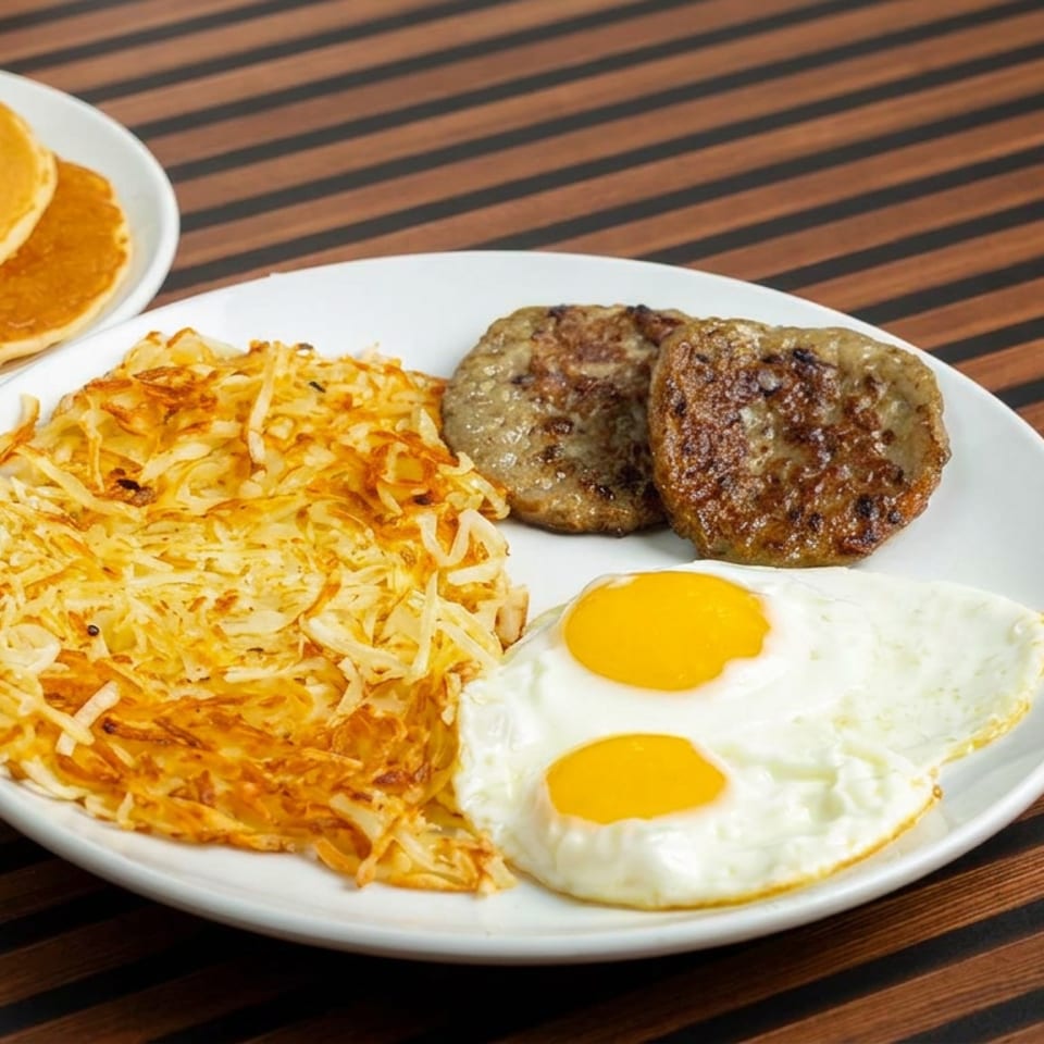Breakfast plate with hash browns, two fried eggs, sausage patties, and pancakes on a striped tabletop.