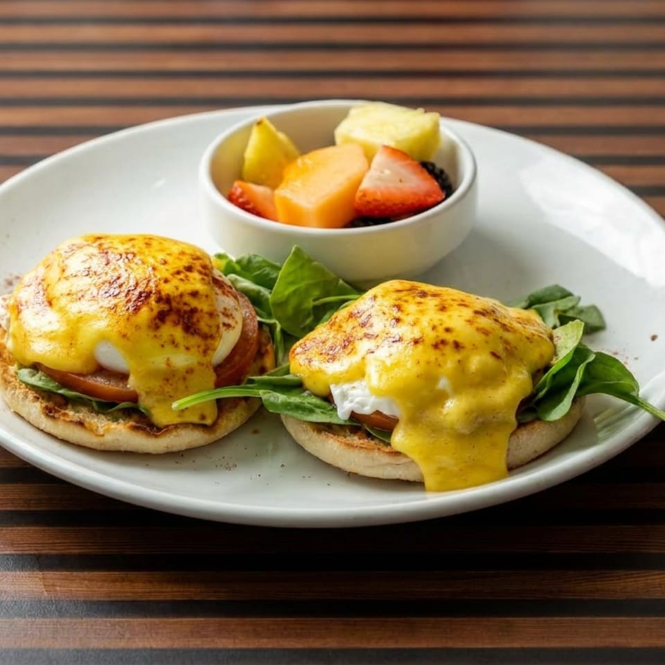 Two eggs Benedict with hollandaise sauce, greens, and tomato sit on a plate beside a bowl of fresh fruit.