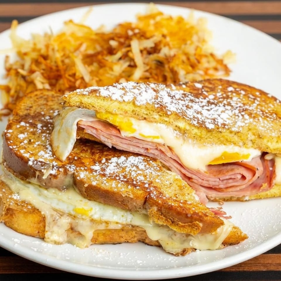 Powdered-sugar-dusted Monte Cristo sandwich with ham, melted cheese, and fries served on a white plate.