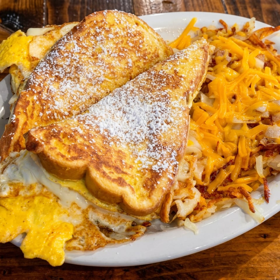 Plate of powdered-sugar French toast, cheesy scrambled eggs, and shredded hash browns on a rustic wooden table.