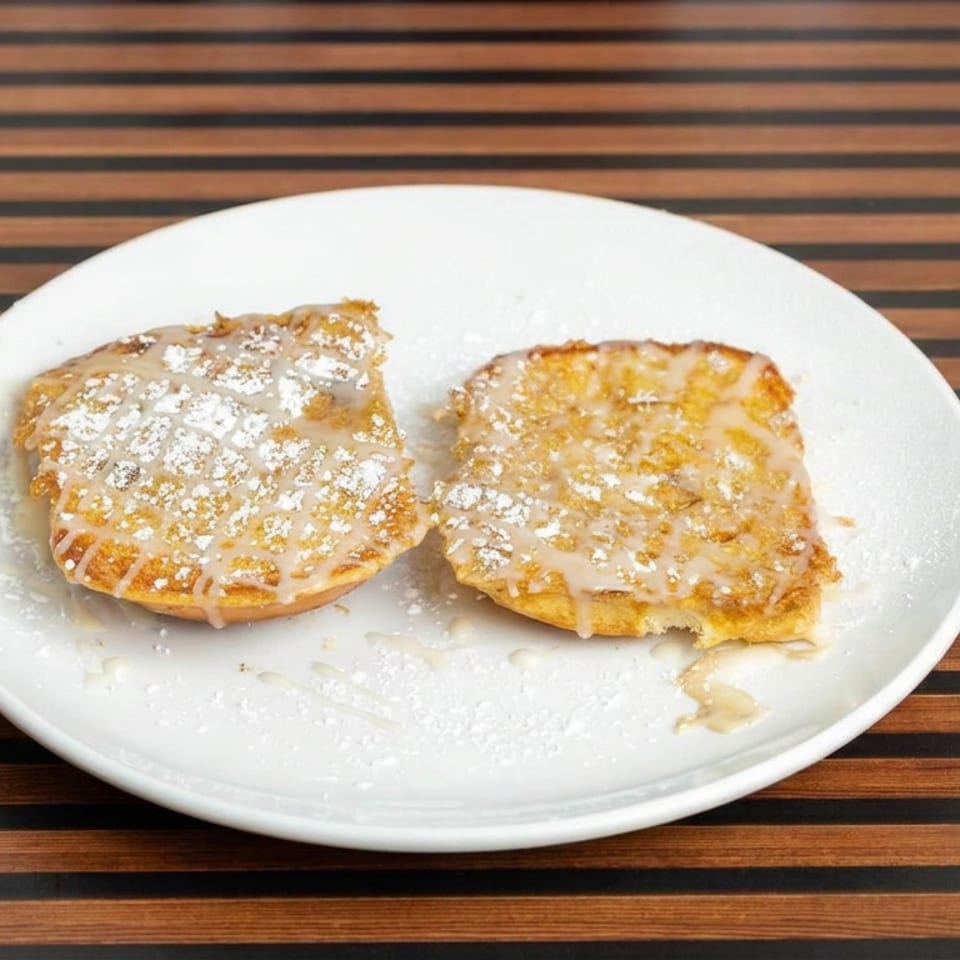 Two powdered sugar-dusted pastries with white icing sit on a white plate atop a striped wooden table.