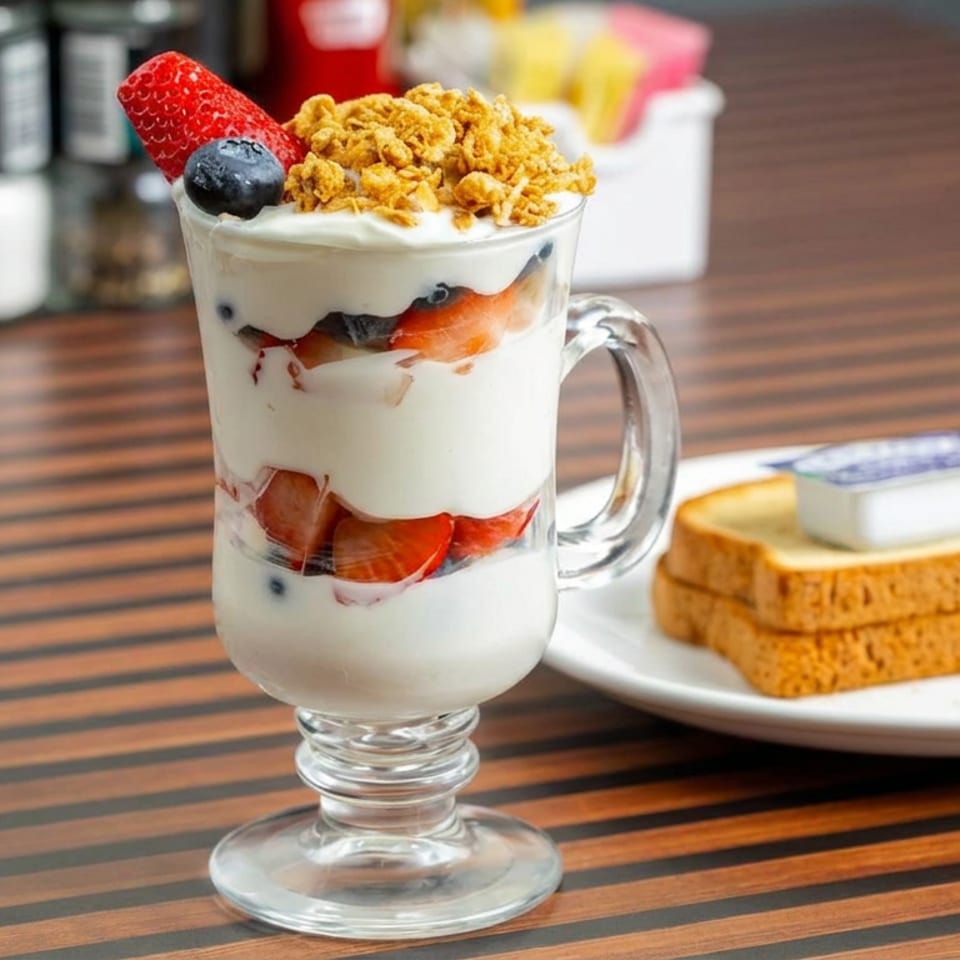 Layered yogurt parfait with strawberries, blueberries, and granola beside buttered toast on a white plate.