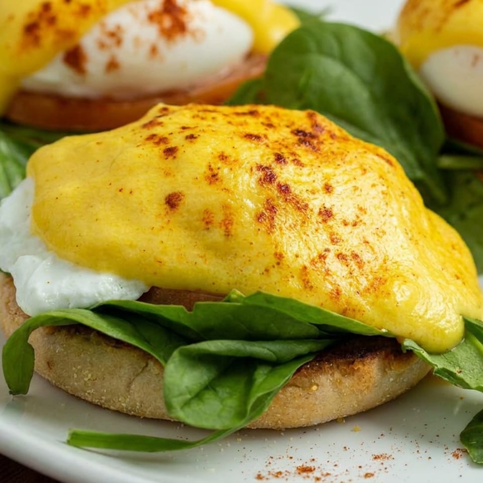 Three toasted breakfast sandwiches with yellow egg toppings, creamy filling, and fresh spinach arranged on a plate.