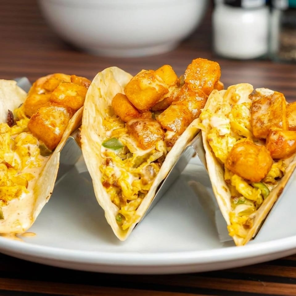 Three soft tacos filled with scrambled eggs, golden fried potatoes, peppers, and creamy sauce on a white plate.
