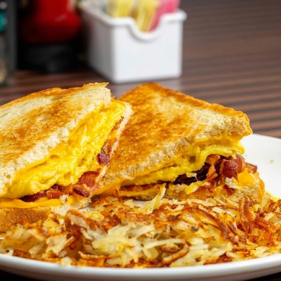 Grilled bacon and cheddar sandwich served with crispy shredded hash browns on a white plate.