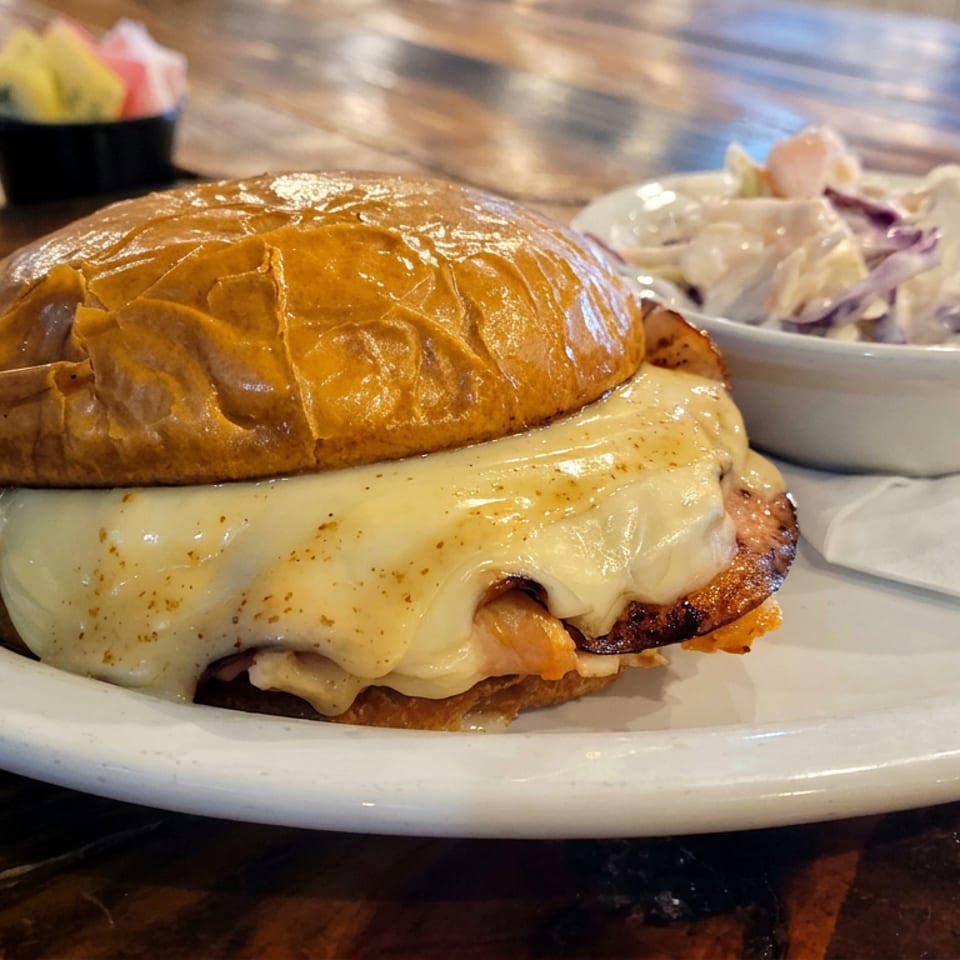 Cheeseburger on a toasted bun served with creamy coleslaw on a white plate atop a rustic wooden table.